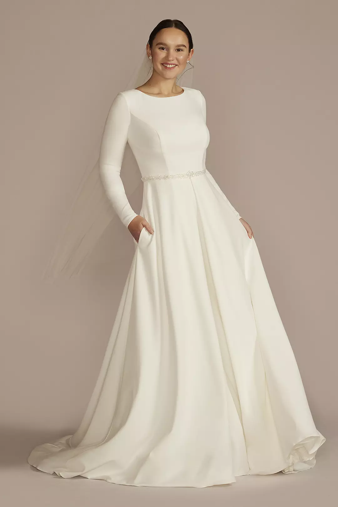 Belted Long Sleeve Crepe Modest Wedding Dress