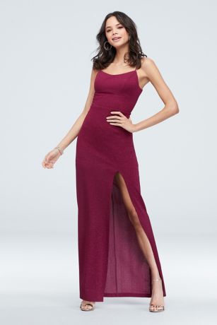 Glitter Stretch-Knit Lace-Up Gown with Slit Skirt