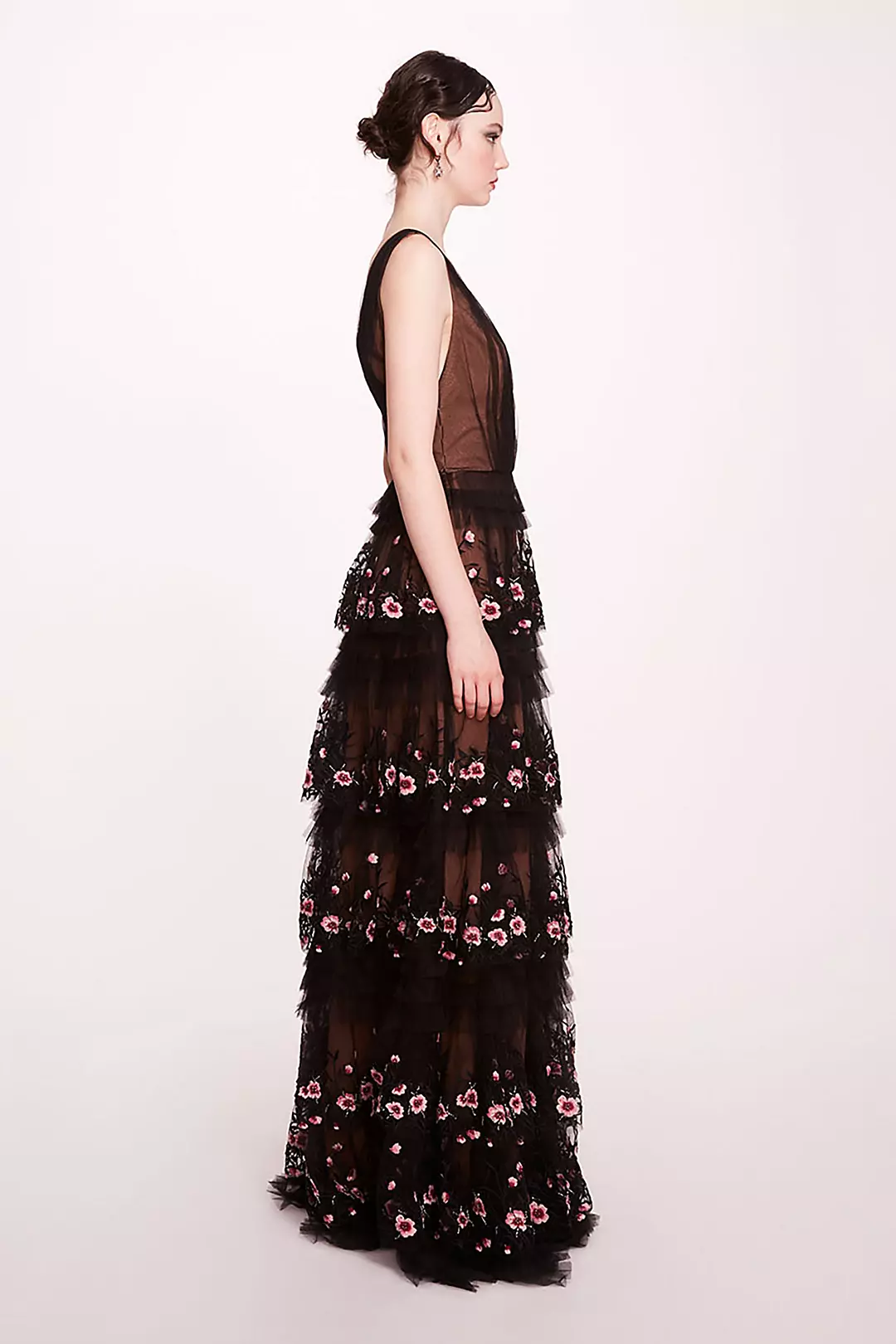 Floral Embroidered Deep V-Neck Tiered Tulle Gown | David's Floral Embroidered Deep V-Neck Tiered Tulle Gown | David's