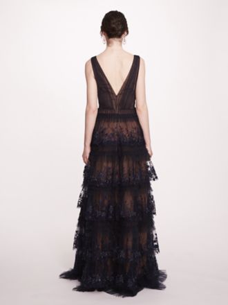 Floral Embroidered Deep V-Neck Tiered Tulle Gown | David's Bridal