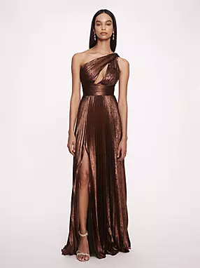 Pleated Metallic Lame One-Shoulder Gown | David's Bridal Pleated Metallic Lame One-Shoulder Gown | David's Bridal