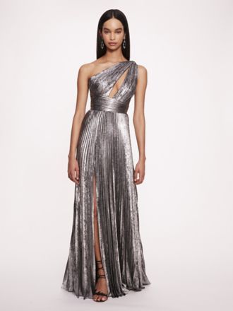 Pleated Metallic Lame One-Shoulder Gown | David's Bridal Pleated Metallic Lame One-Shoulder Gown | David's Bridal