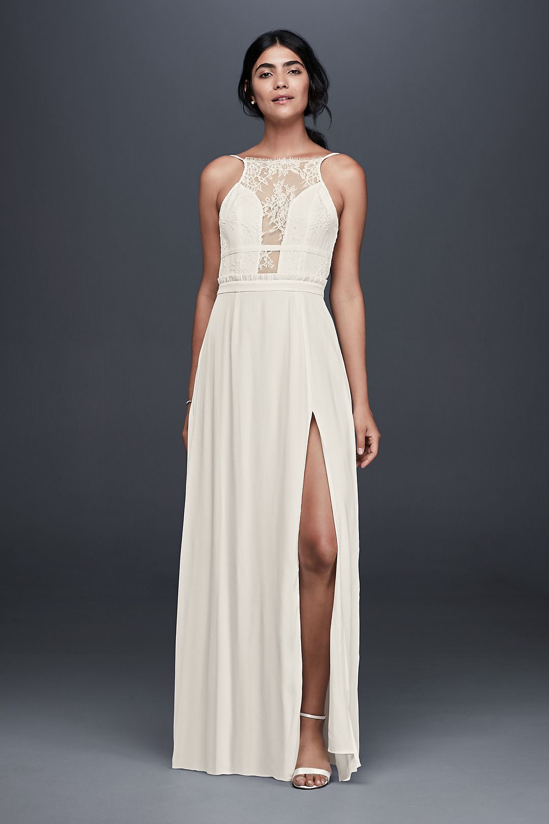 Long Dress with Illusion Lace Plunge Neckline Image 1
