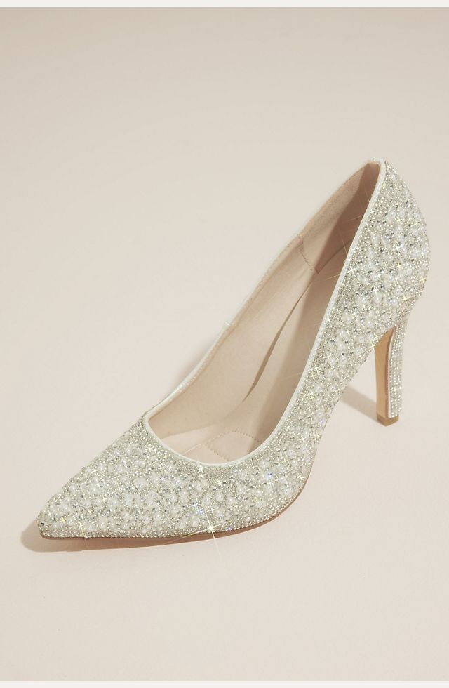 Pearl and Crystal Ankle-Wrap Satin Pumps