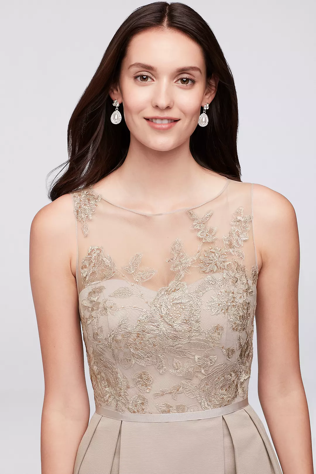 Appliqued Illusion Faille Bridesmaid Dress Image 3