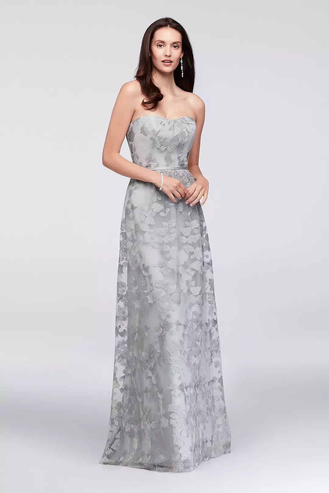 Embroidered Long Strapless Bridesmaid Dress Image