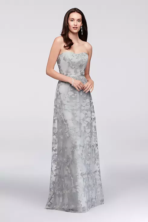 Embroidered Long Strapless Bridesmaid Dress Image 1