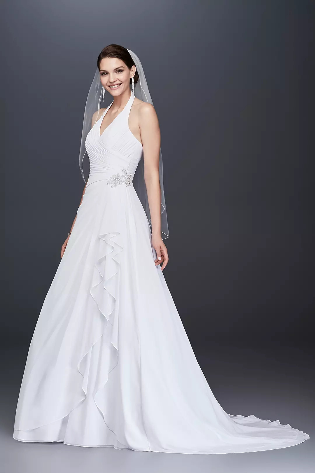 Pleated Chiffon Halter Wedding Dress with Ruffle Image