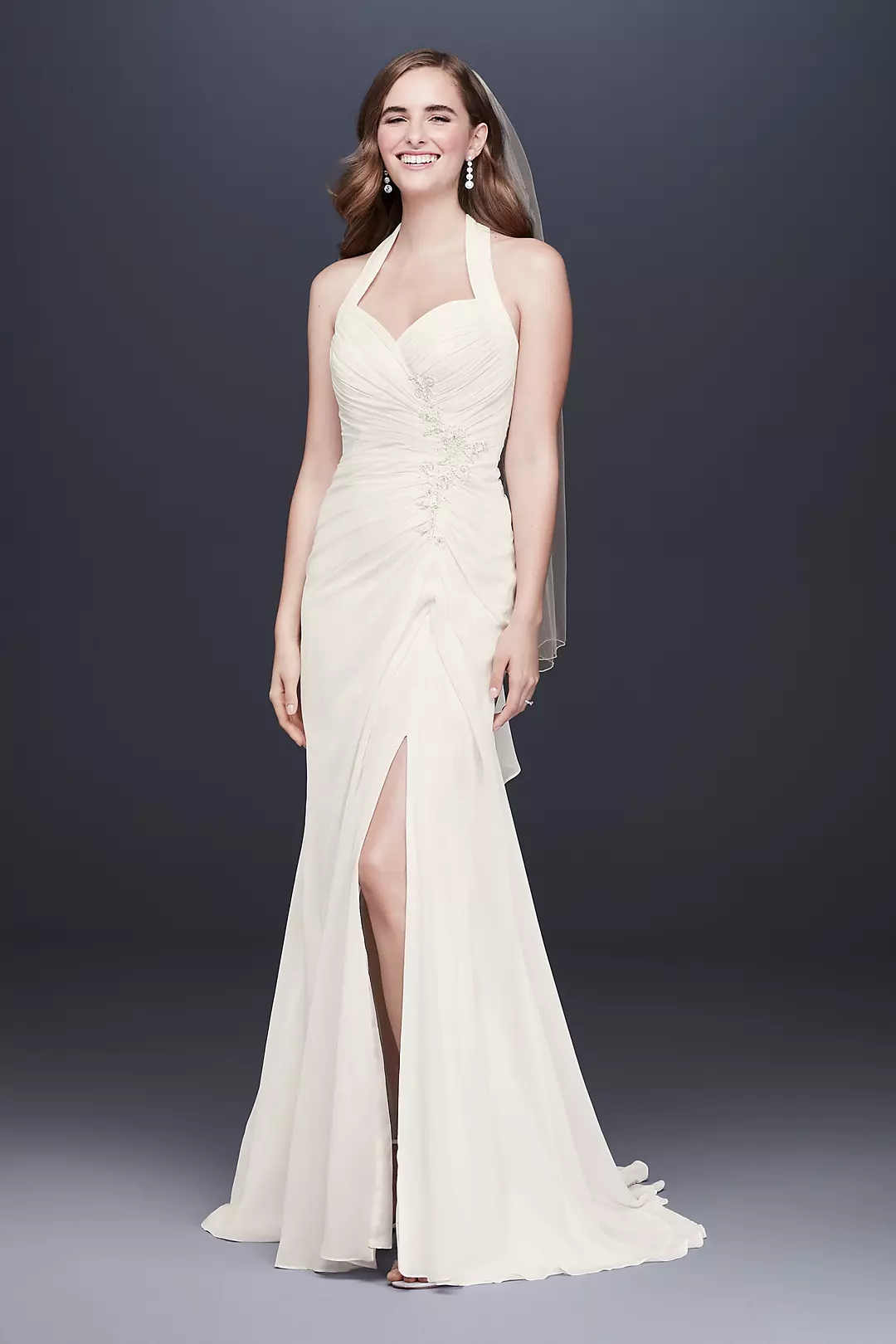 Halter Pleated Sheath Wedding Dress with Applique Image