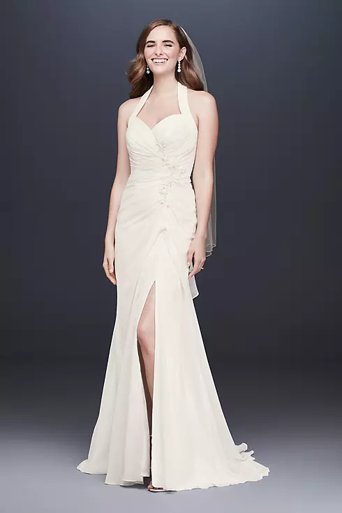 Halter Pleated Sheath Wedding Dress with Applique Image 1