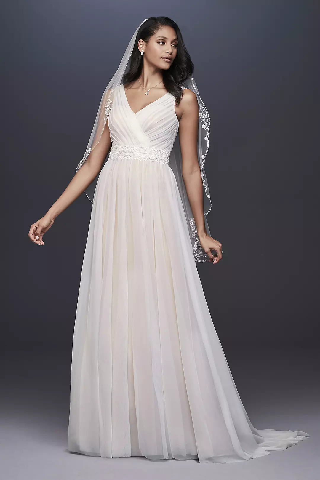 Pleated Tulle Tank Wedding Dress with Lace Waist Image