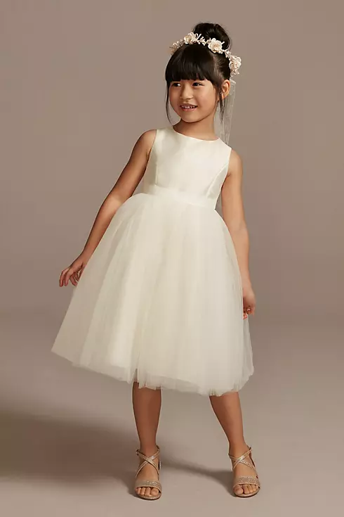 David's Bridal Flower Girl Dress with Tulle and Ribbon Waist OP218 Ivory 24M - Ivory, 24M