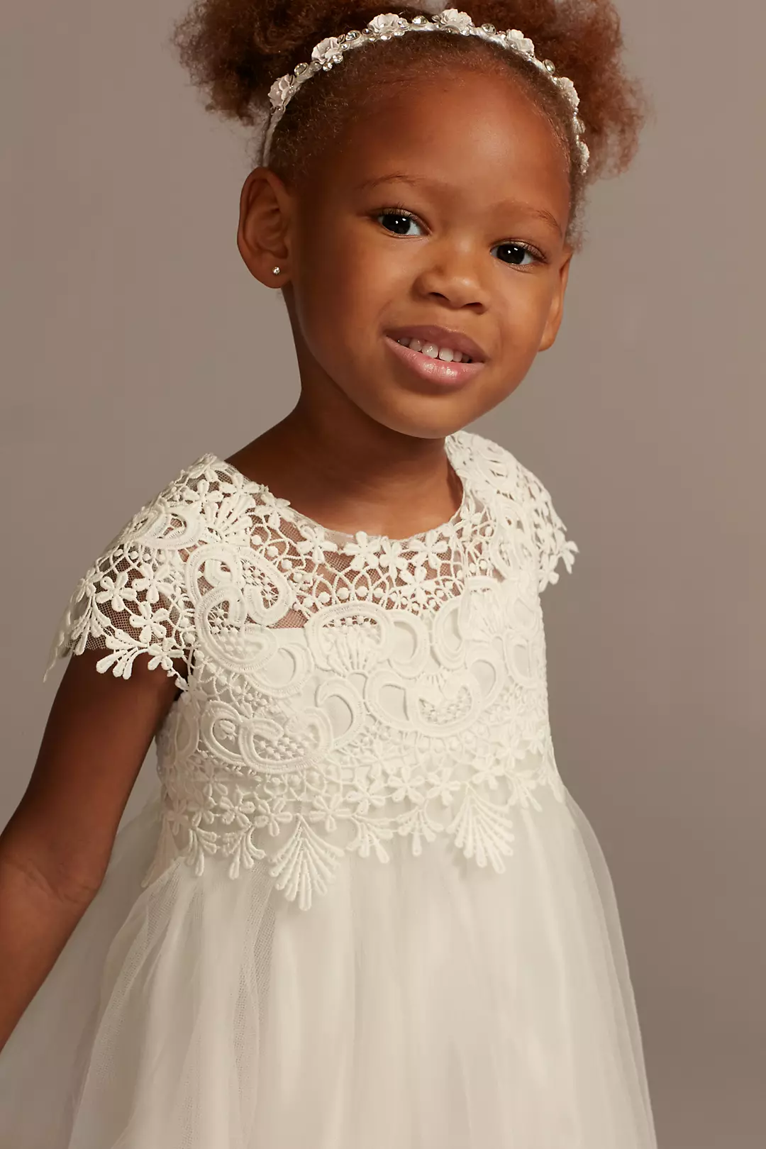 Venise Lace Cap Sleeve Flower Girl Dress | David's Bridal Venise Lace Cap Sleeve Flower Girl Dress | David's Bridal
