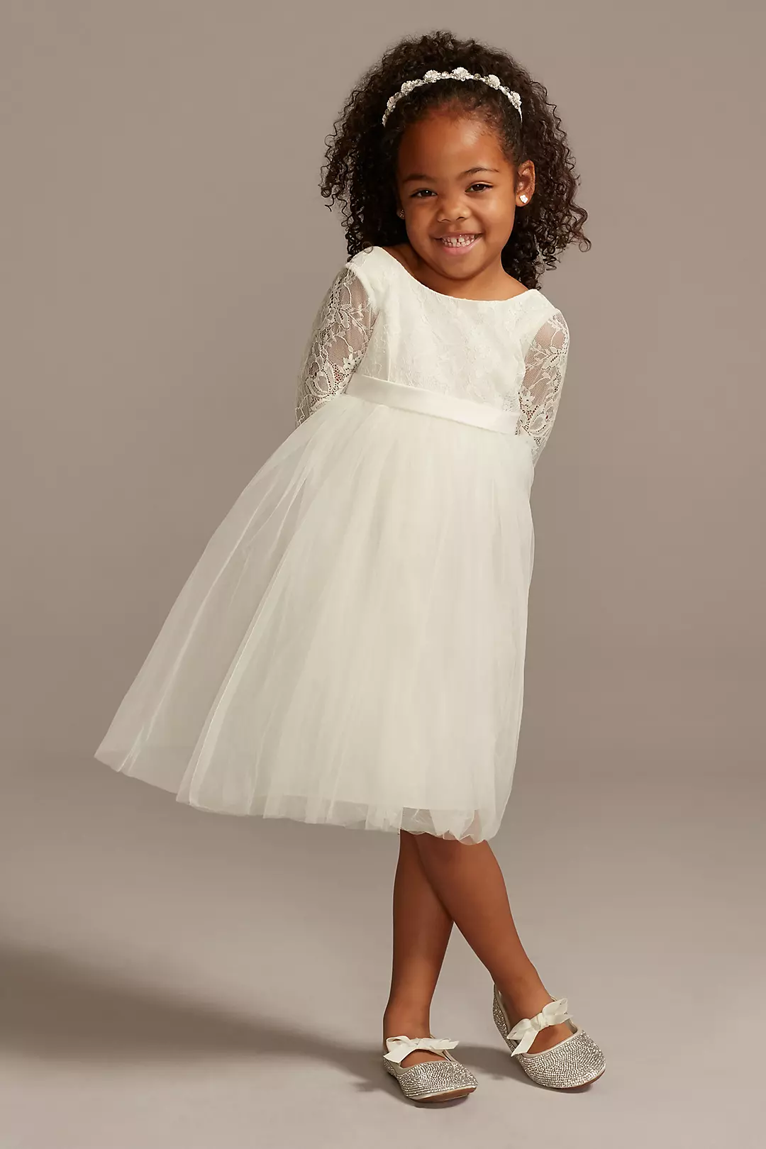 Illusion Lace Sleeve Flower Girl Dress with Bow Image 2