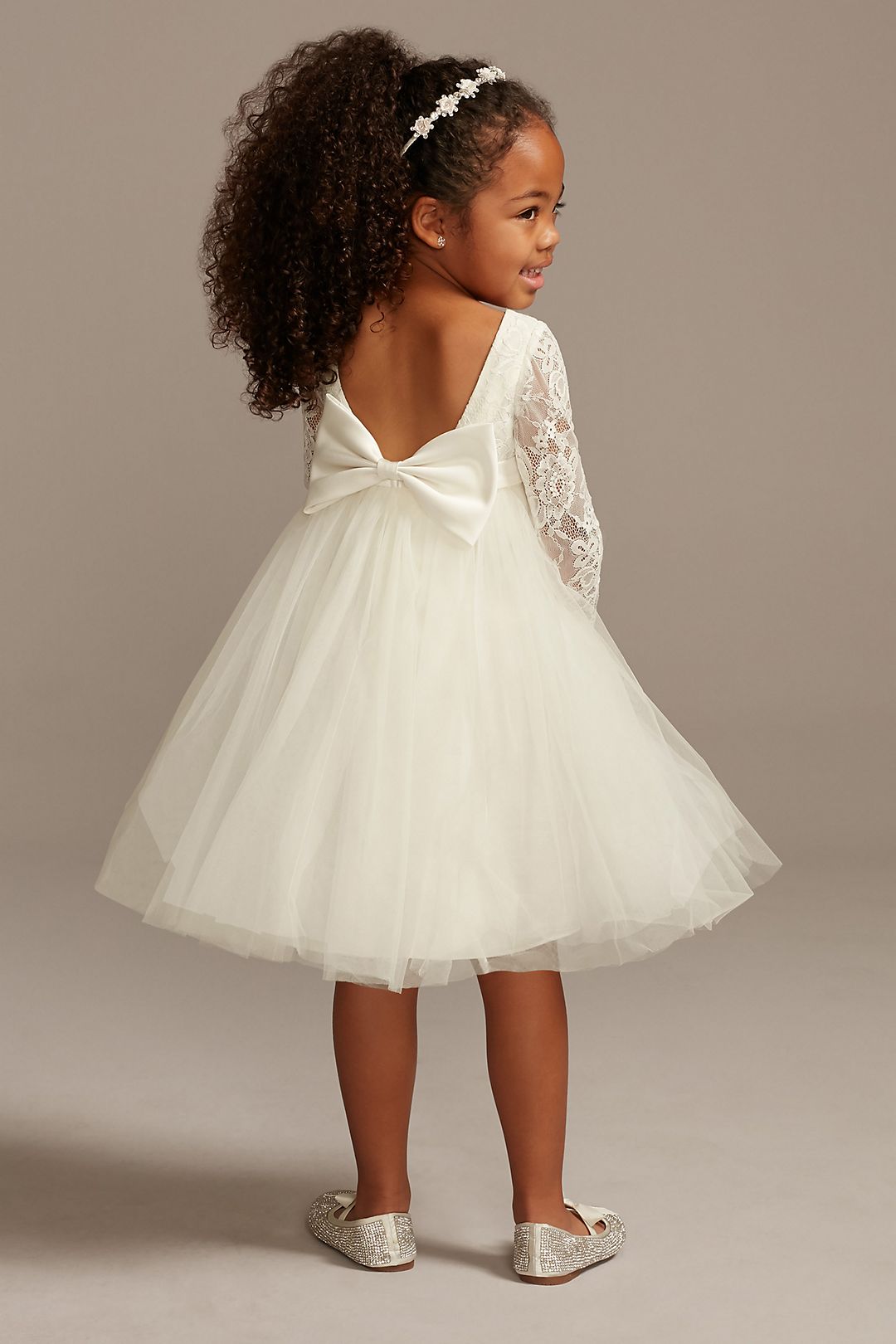 flower girl dress ideas illusion lace sleeves with bow in back david's bridal
