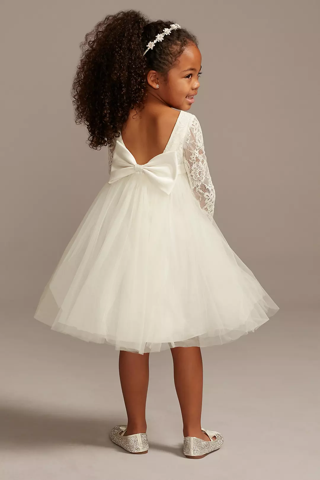 Illusion Lace Sleeve Flower Girl Dress with Bow Image