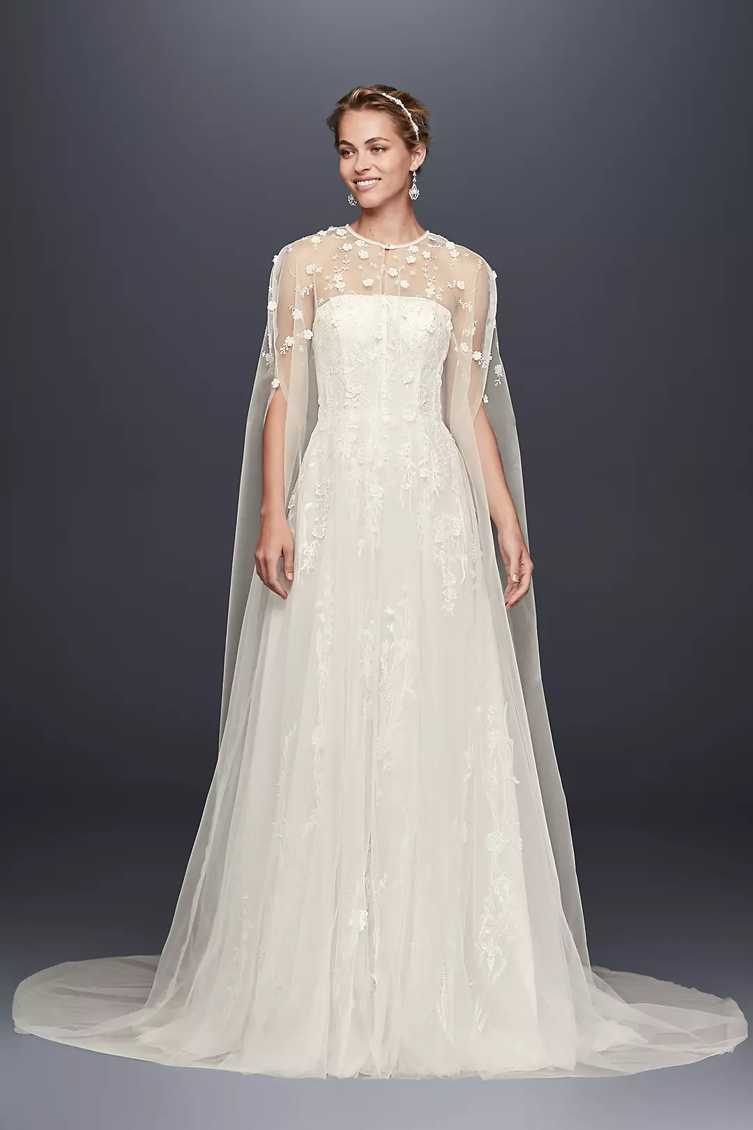 Long Tulle Cape with 3D Flowers | David's Bridal