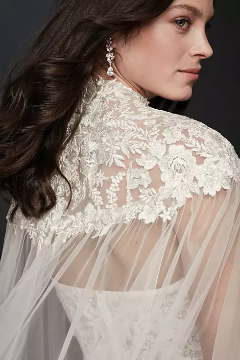 Long Tulle Cape with High-Neck Lace Detail Image 3