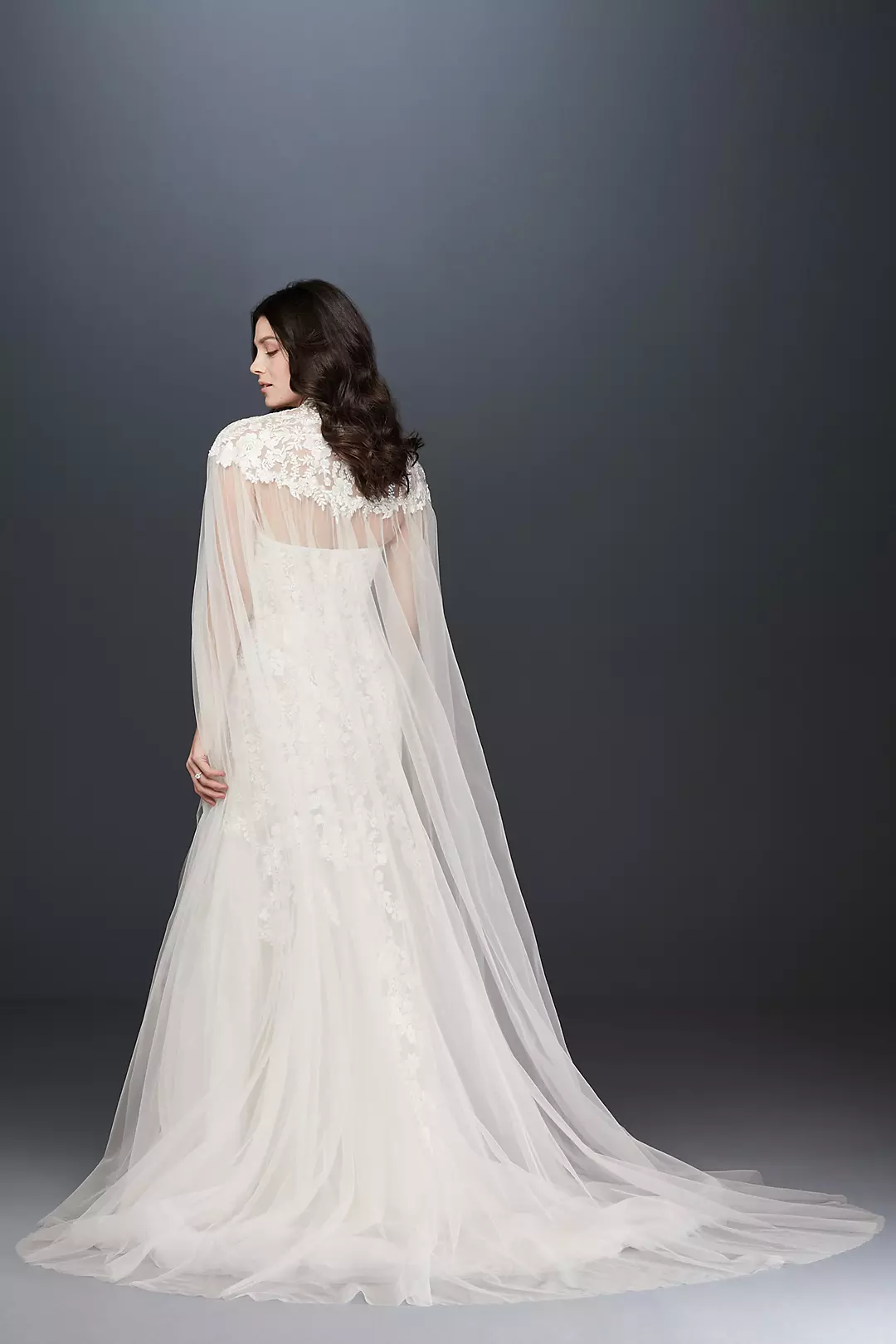 Long Tulle Cape with High-Neck Lace Detail Image 2