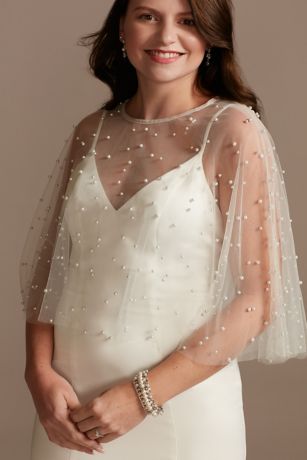Pearl-Encrusted Tulle Capelet with Pearl Button