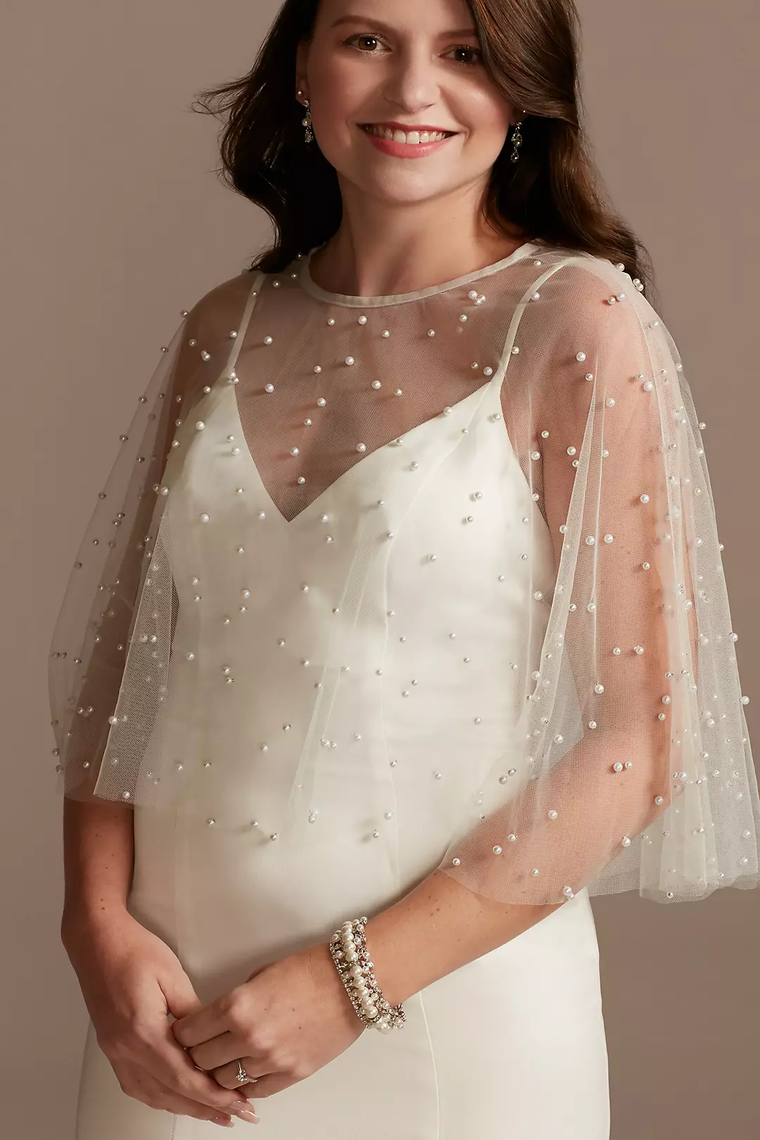 Pearl-Encrusted Tulle Capelet with Pearl Button Image