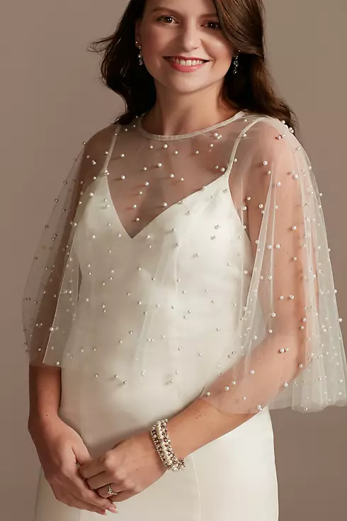 Pearl-Encrusted Tulle Capelet with Pearl Button Image 1