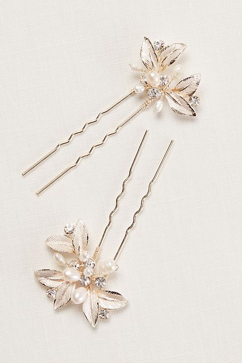Textured Leaves Hairpins with Pearl Embellishments Image