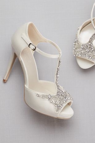 Crystal T-Strap Satin Peep Toe Platform Heels | David's Bridal