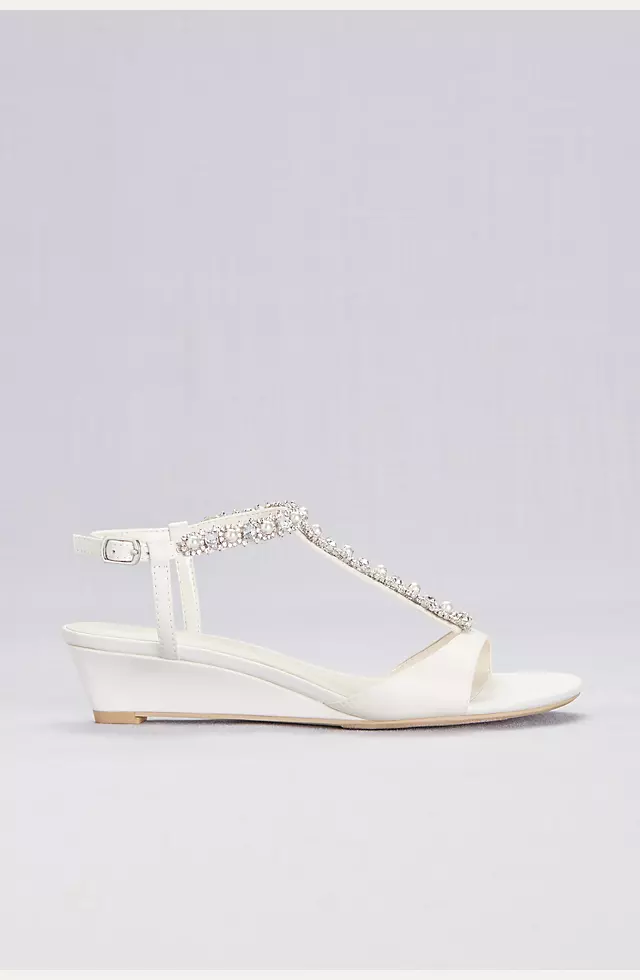 Low Wedge Crystal and Pearl T-Strap Sandals Image 2