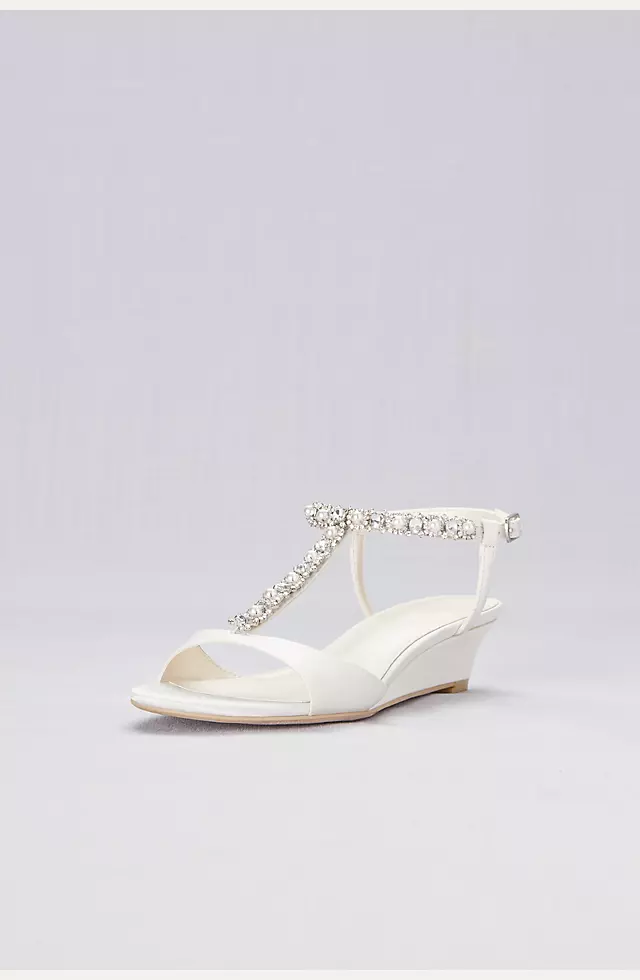 Low Wedge Crystal and Pearl T-Strap Sandals Image