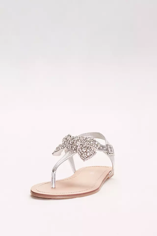 Metallic T-Strap Sandals with Embellished Bow Image