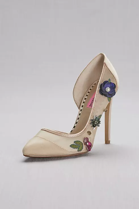 Floral-Embellished Mesh Pointed-Toe Heels Image 1