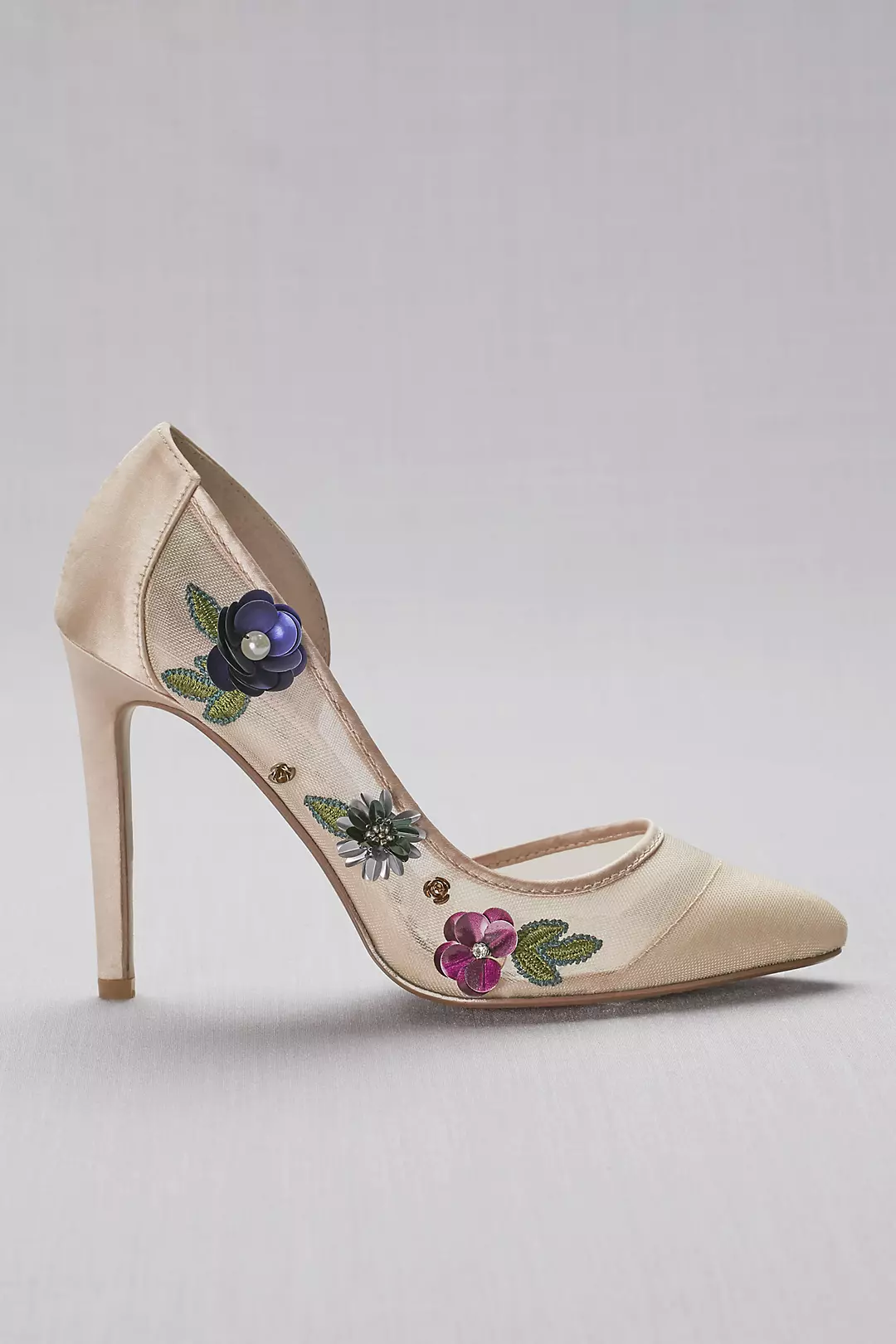 Floral-Embellished Mesh Pointed-Toe Heels Image 3