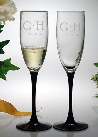 Personalized Signature Black Stem Toasting Flutes David's Bridal