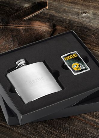 Personalized Flask and NFL Zippo Lighter Set Image