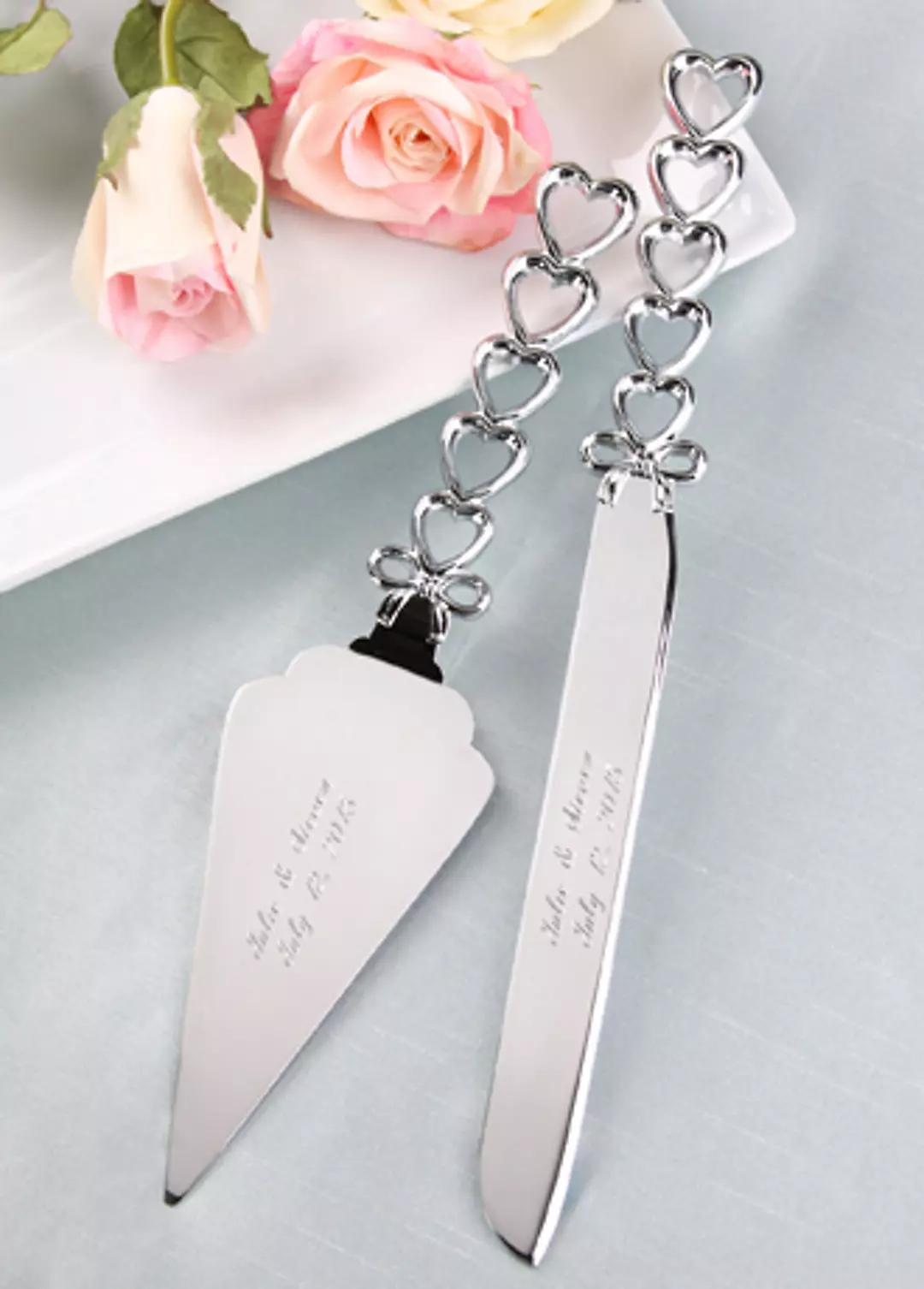 Personalized Silver Hearts Cake Knife and Server Image