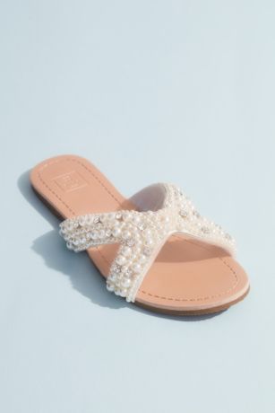 DB Studio Ivory Flat Sandals (Pearl Beaded Cutout Slide Sandals)