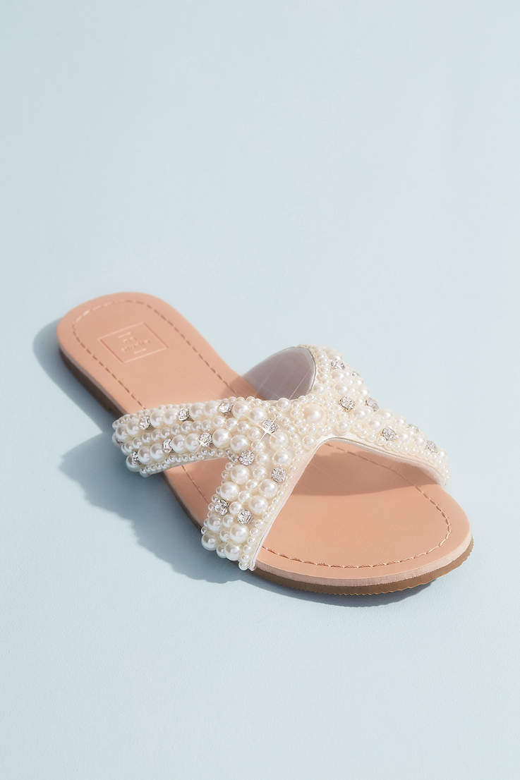 Women Sandals Shining Diamond Pearl flip-Toe Sandals Roman Sandals with Buckle for Ladies Dress Flat Sandals