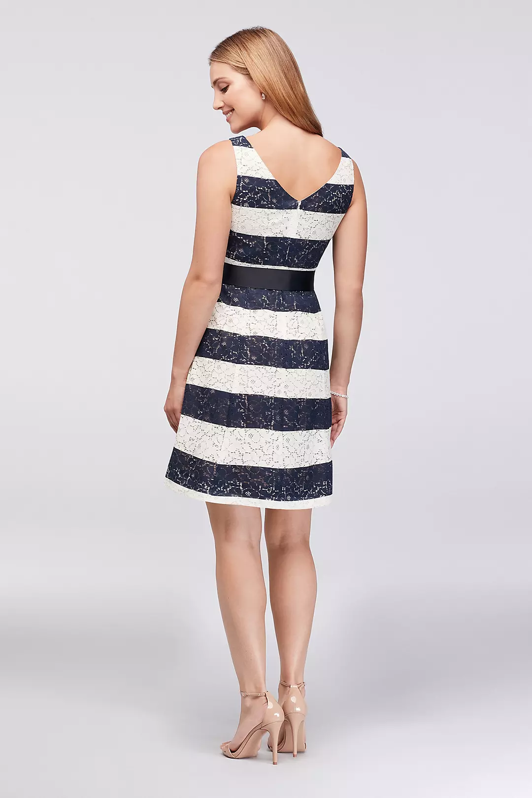 Striped Lace Fit-and-Flare Dress with Ribbon Sash Image 2