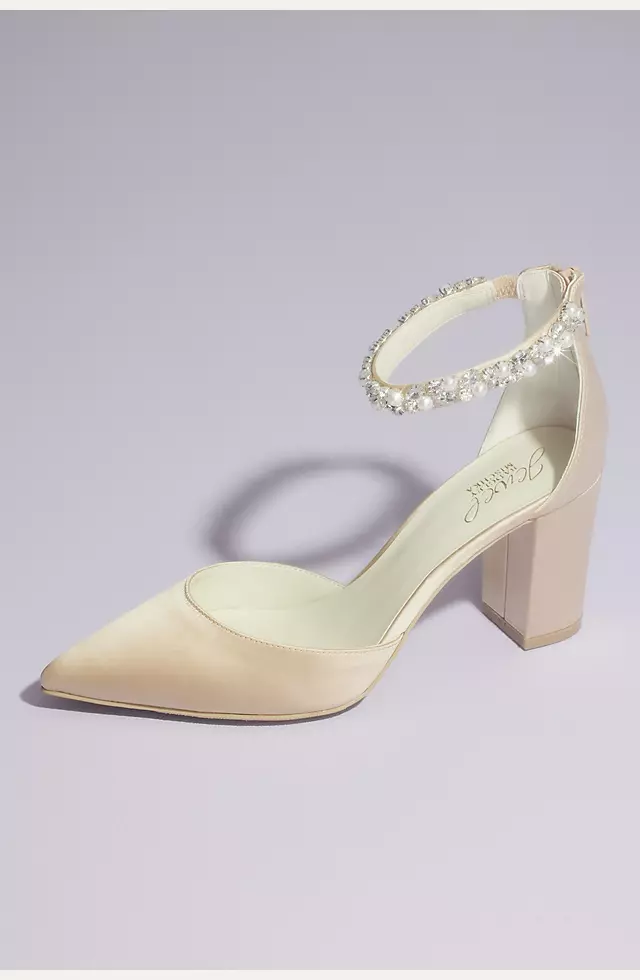 Pointed Toe Satin Block Heels with Crystal Strap Image