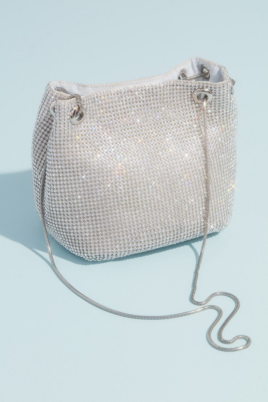 Crystal Embellished Mesh Chain Strap Bucket Bag