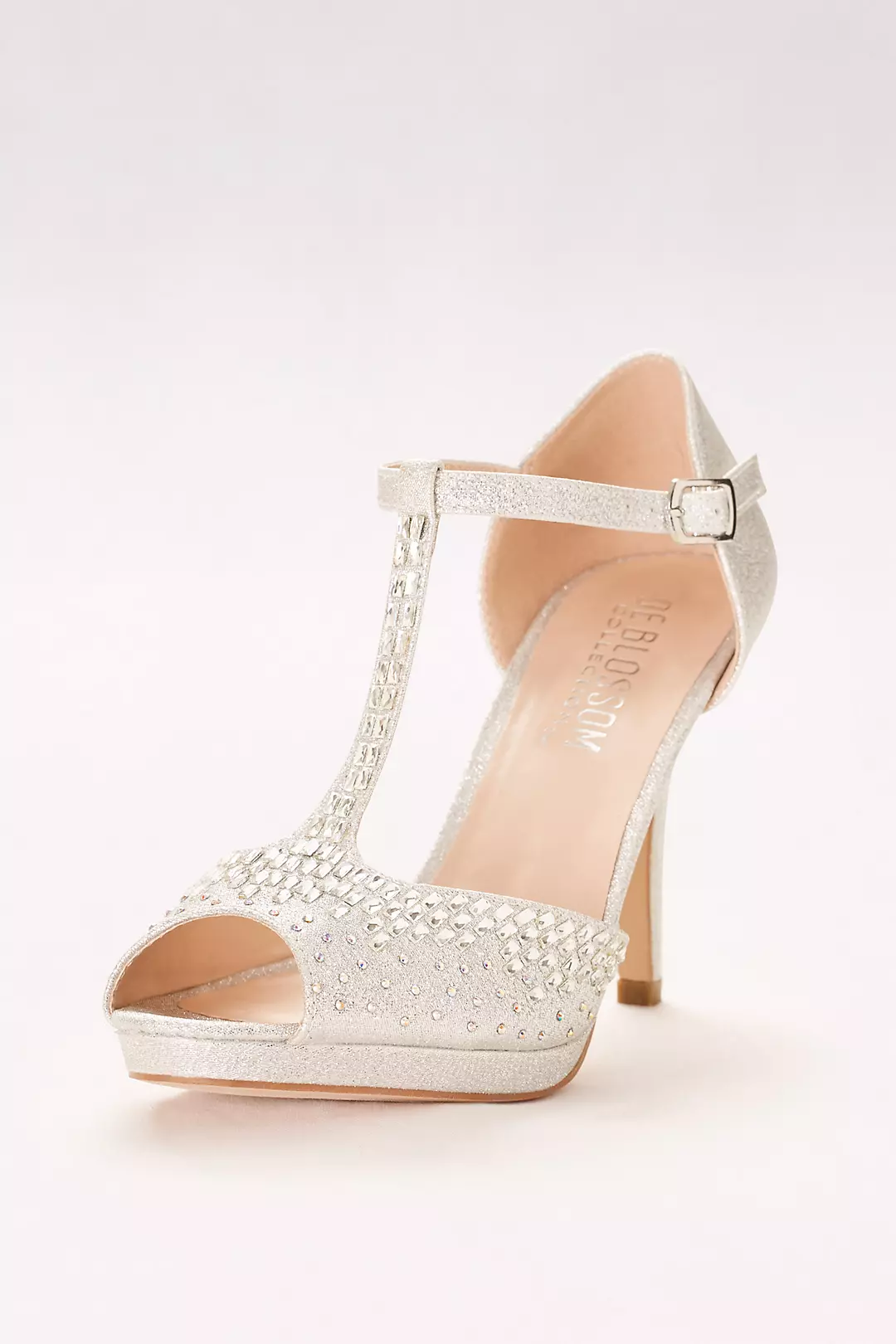 Crystal-Embellished Peep-Toe T-Strap Heels Image