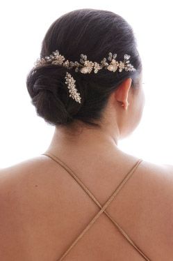 back of a brides head wearing various headpieces