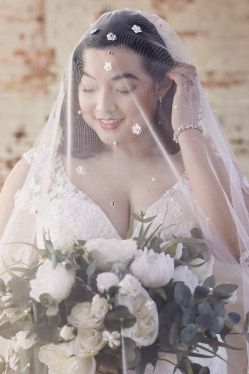 bride under a veil holding a bouquet