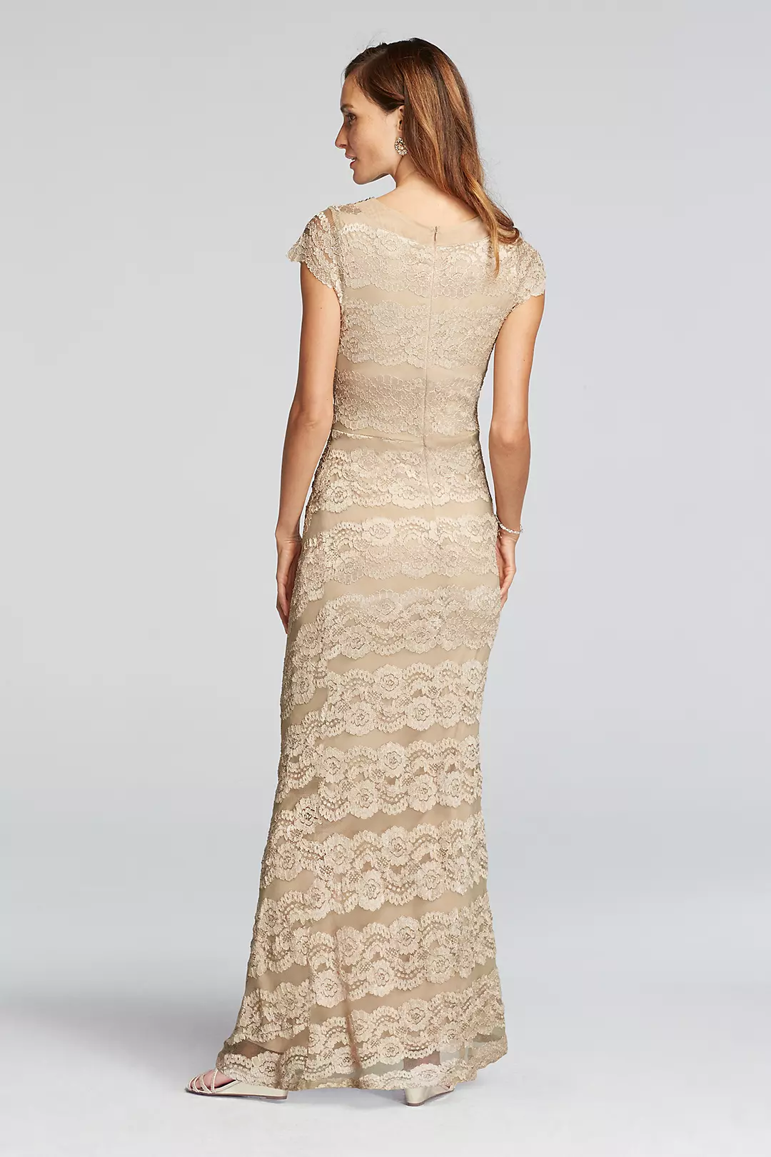 Cap Sleeve Floral Lace Dress with Jeweled Neckline Image 2