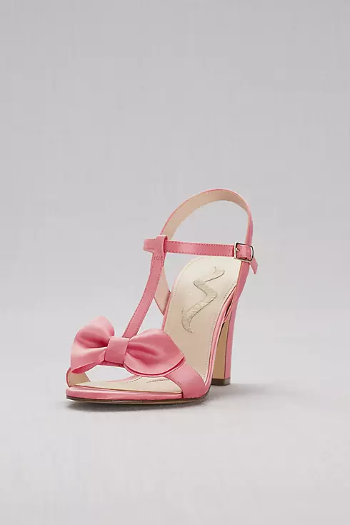 Satin T-Strap Block Heel Sandals with Bow Image 1