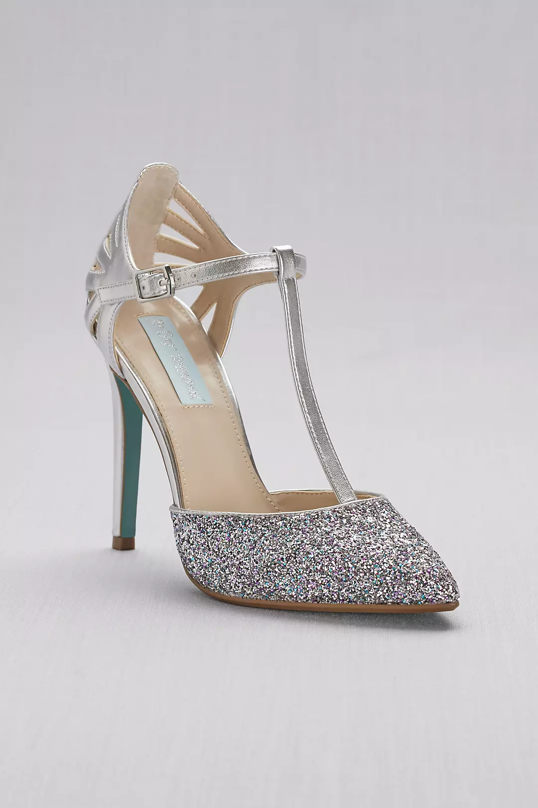 Glitter and Metallic T-Strap Pointed-Toe Pumps Image