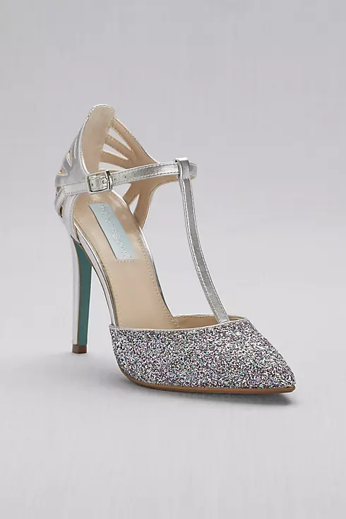 Glitter and Metallic T-Strap Pointed-Toe Pumps Image 1