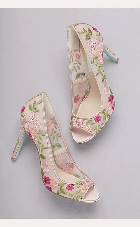 Floral-Embroidered Mesh Peep-Toe Heels  Image 1