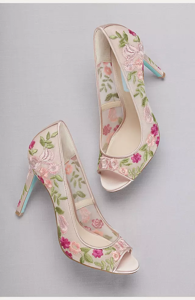 Floral-Embroidered Mesh Peep-Toe Heels  Image
